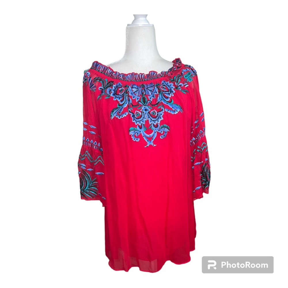 Vintage Collection Red Embroidered Embellished Tunic Mini Dress Sz M
